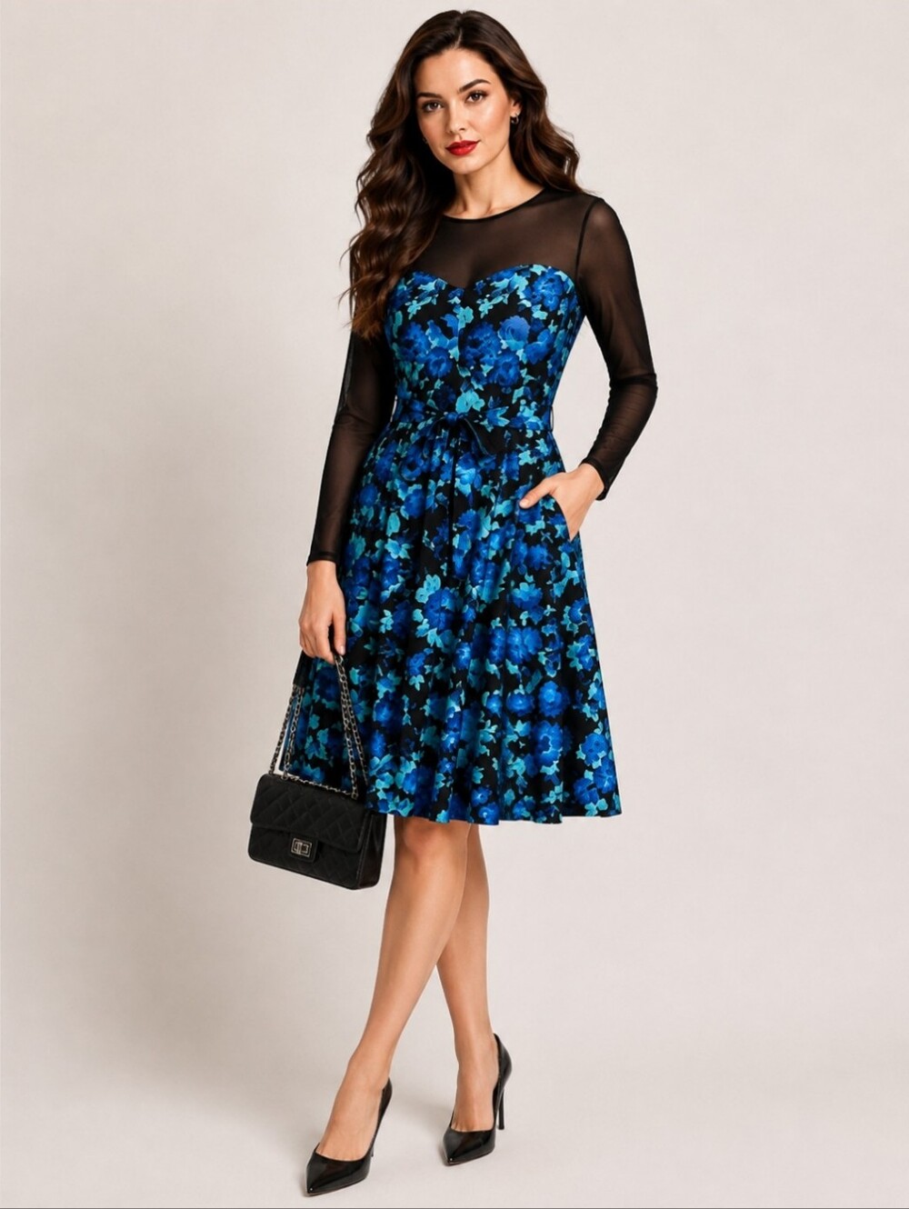 Torrid Blue Floral Mesh Fit & Flare Dress | Sheer Sleeves | Crisscross Size 3X